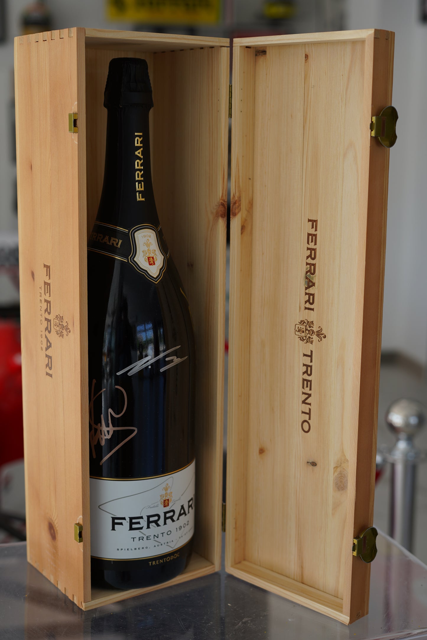 2021 Austrian GP Official Ferrari Trento Podium Bottle Signed by Verstappen, Hamilton & Bottas
