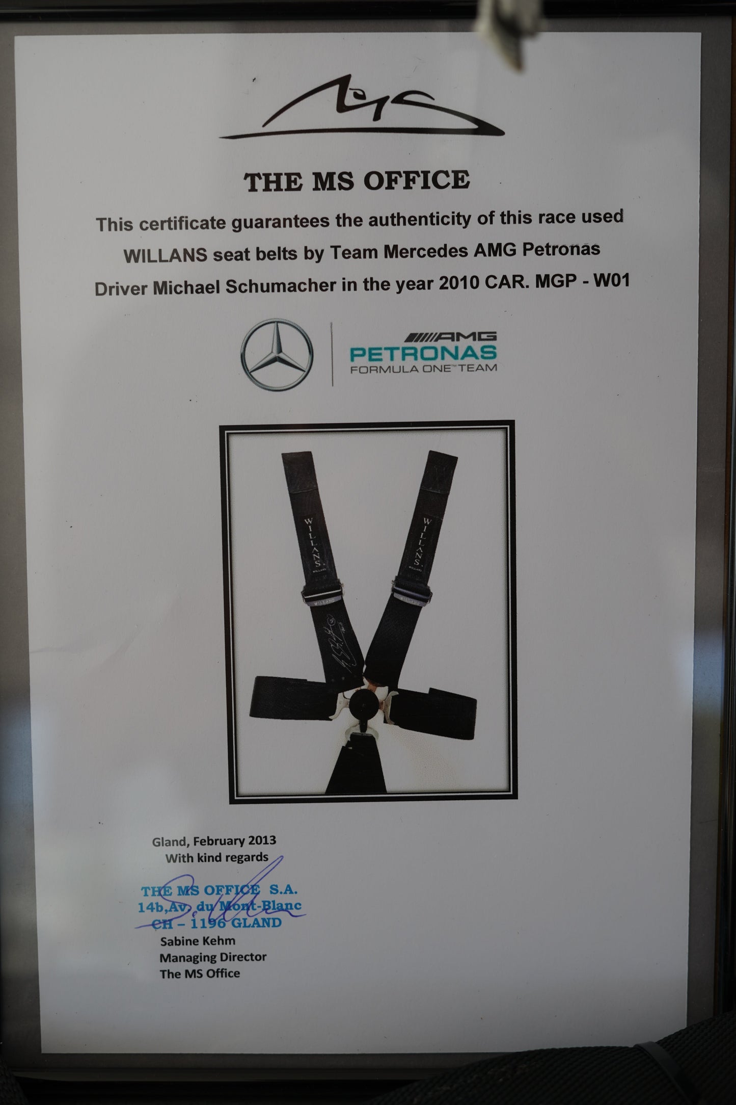 2010 Michael Schumacher Monaco GP Willians seat belts signed