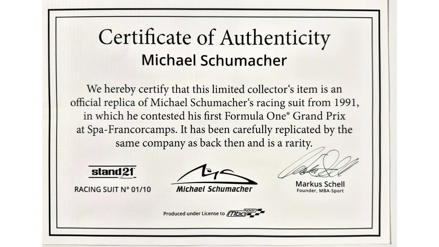 1991 Michael Schumacher Jordan Grand Prix Racing Formula 1 Stand 21 Replica Racing Suit and Cap