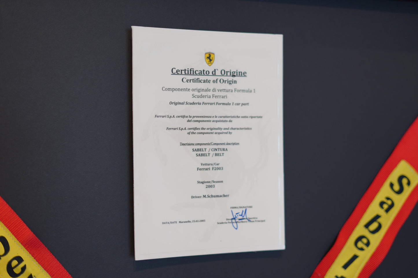 2003 Ferrari F2003 Sabelt Harness Signed by Michael Schumacher