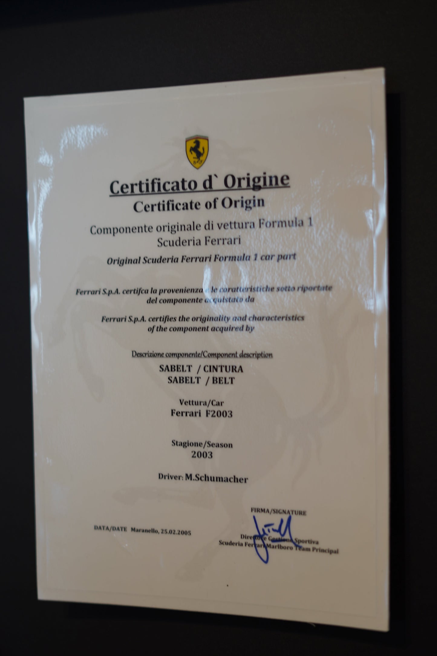 2003 Ferrari F2003 Sabelt Harness Signed by Michael Schumacher