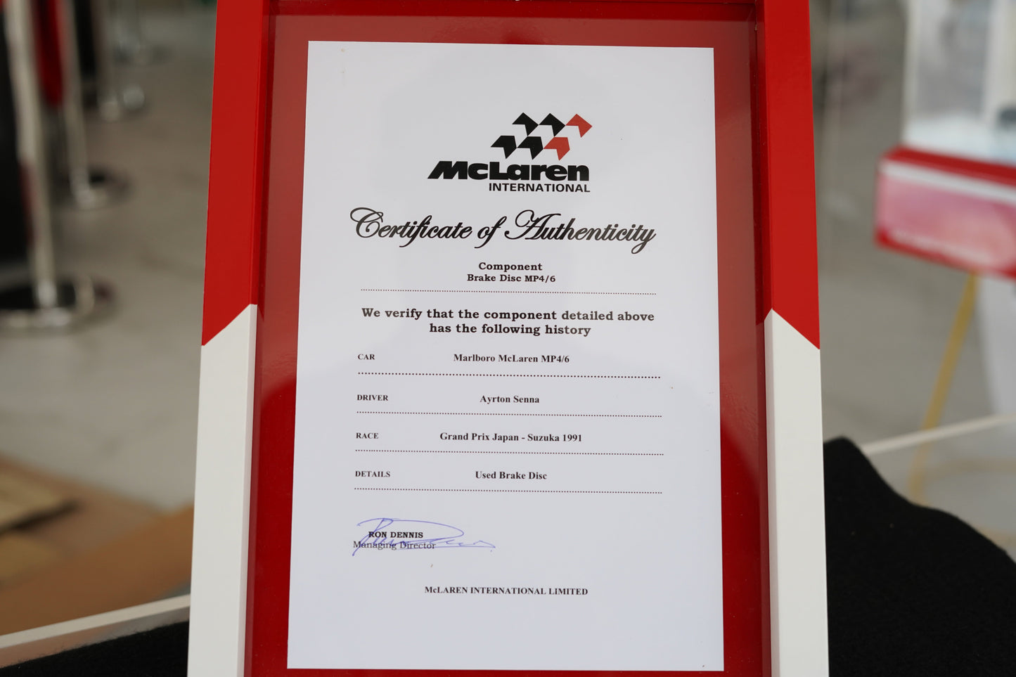1991 Ayrton Senna McLaren MP4/6 Brake disk signed