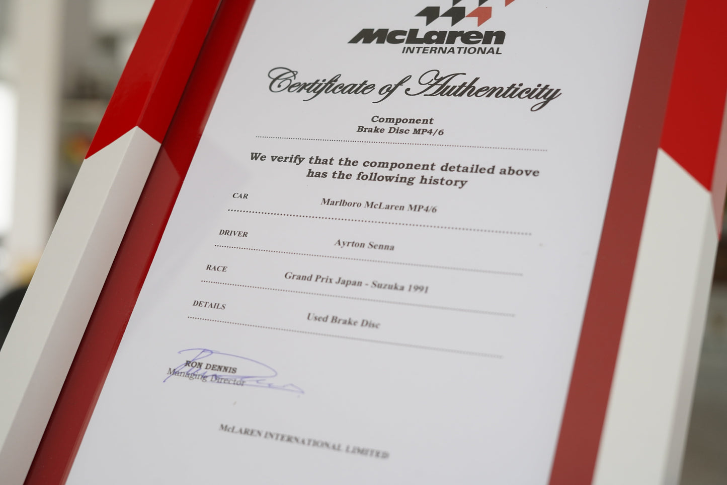 1991 Ayrton Senna McLaren MP4/6 Brake disk signed