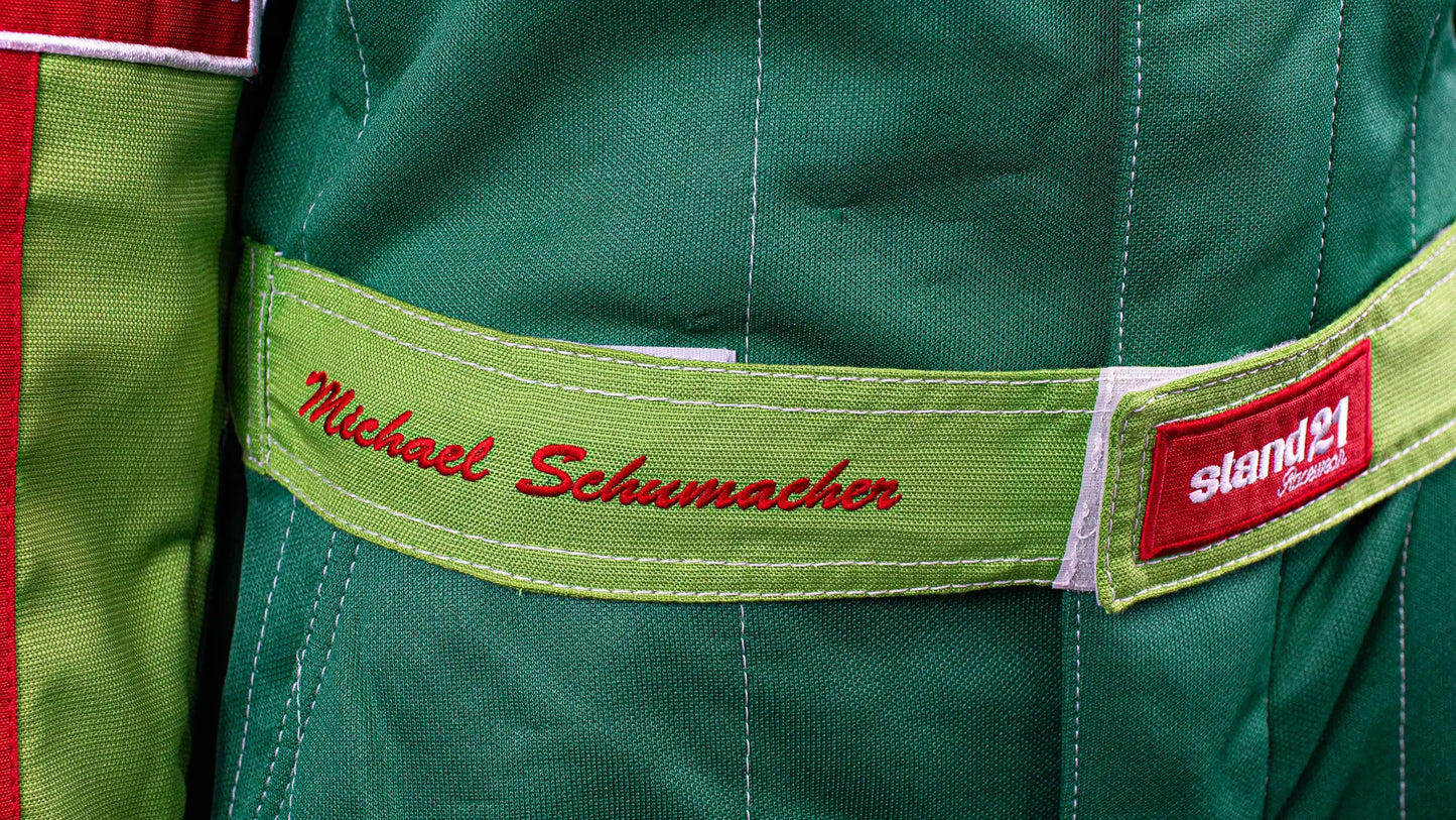 1991 Michael Schumacher Jordan Grand Prix Racing Formula 1 Stand 21 Replica Racing Suit and Cap