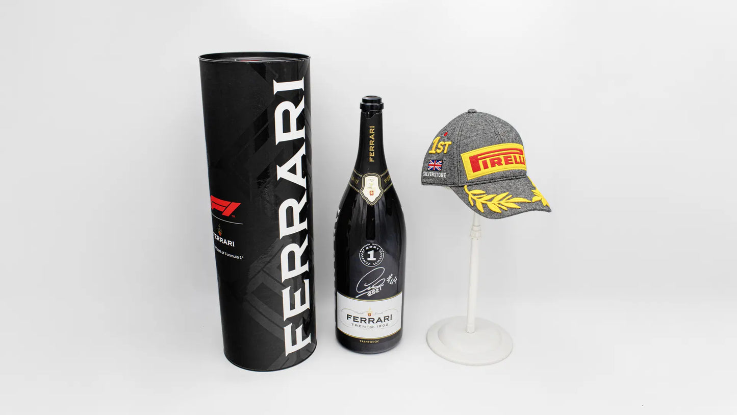 2021 Lewis Hamilton | Signed Ferrari Trento 1st Place Champagne Bottle and Silverstone Podium Cap
